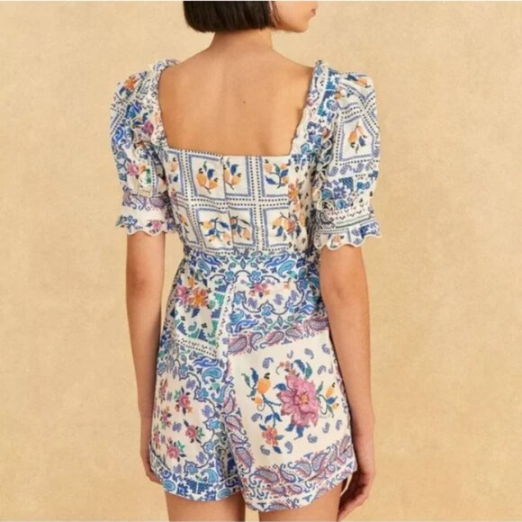 FARM Rio Romantic Bandanas Puff-Sleeve Belted Romper – Size L – NWOT - Picture 2 of 16